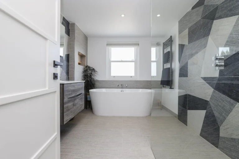 Modern bathroom with geometric tile design — Sheen SW14