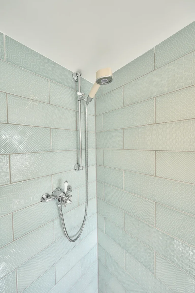 Modern shower with patterned green tiles — Kennington SE17