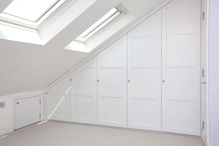 White loft wardrobe with skylight windows — Hammersmith W6
