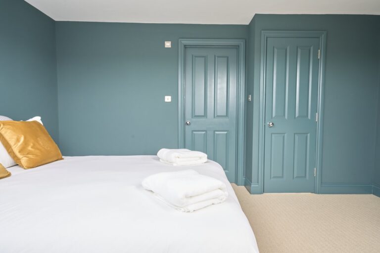 Minimalist bedroom with teal walls and double doors — Balham SW12