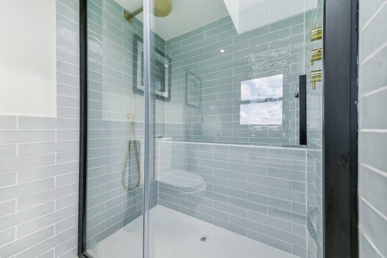 Modern glass shower with light gray tiles — Kensal Rise NW10