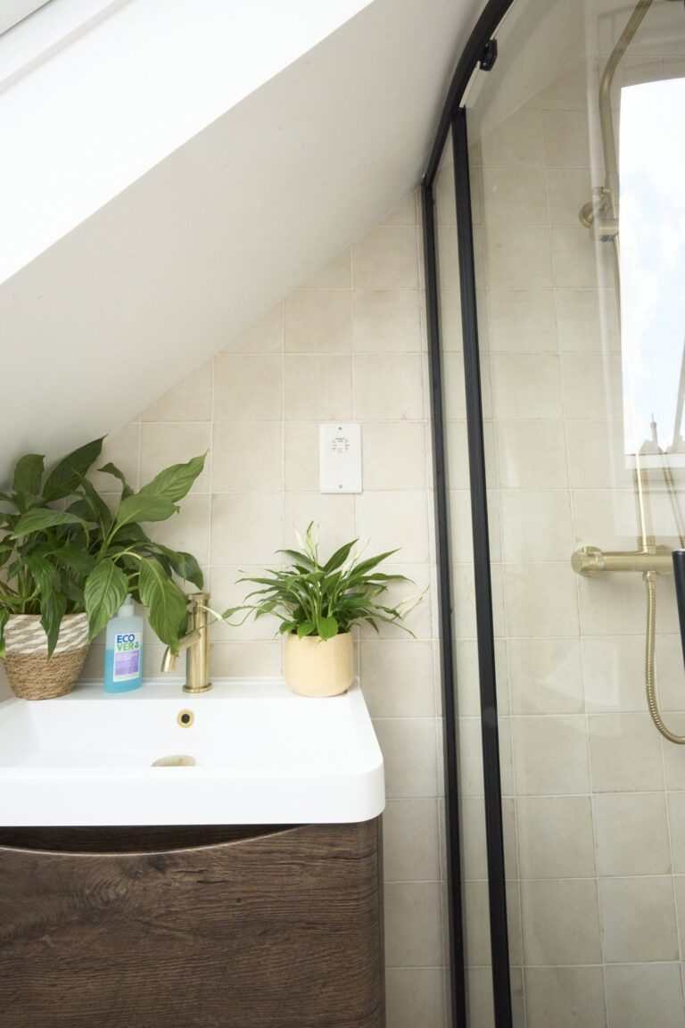 Bathroom basin and houseplants beneath the sloping loft ceiling — Chiswick W4