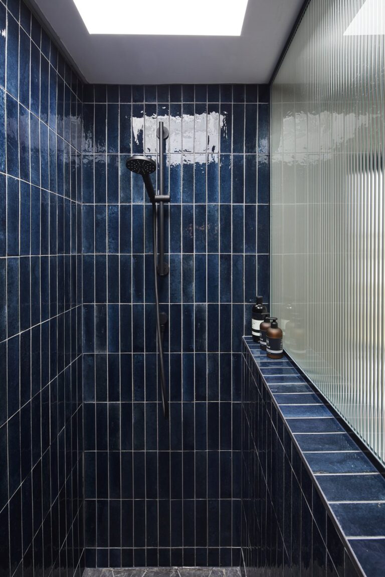 Modern blue tile shower with glass panel — Tooting SW17