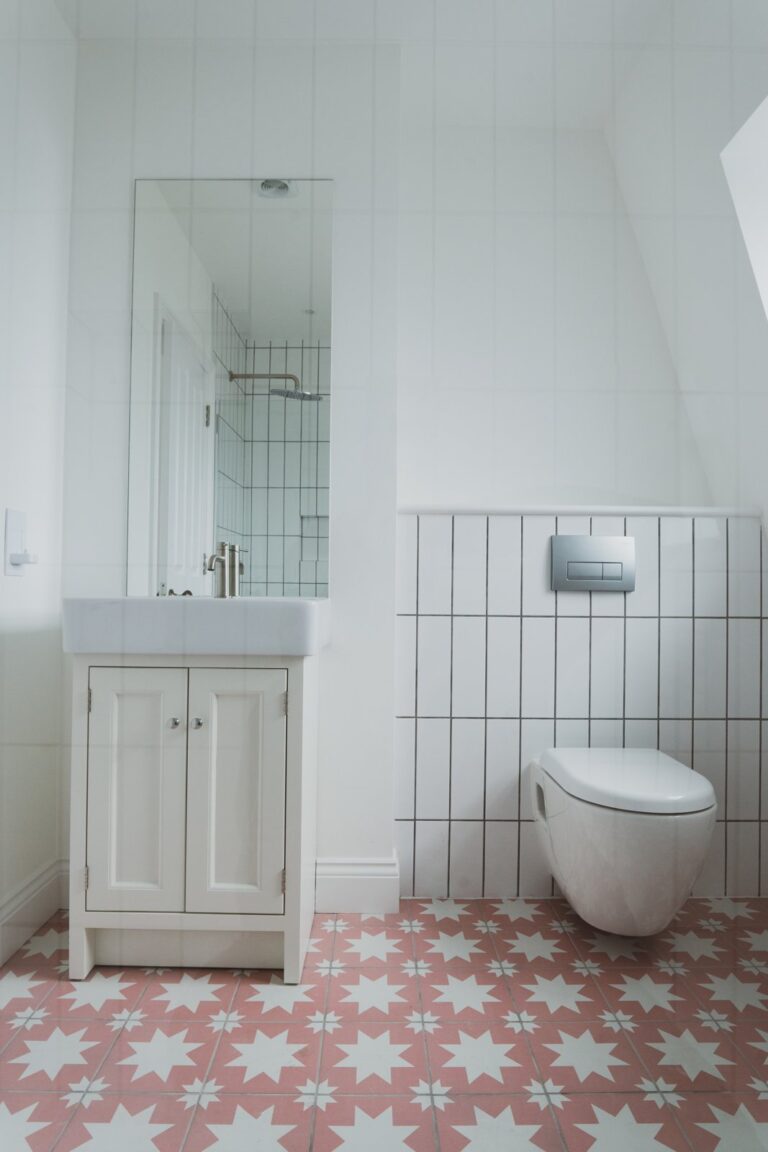 Modern bathroom with patterned tile floor and white fixtures — Fulham SW6